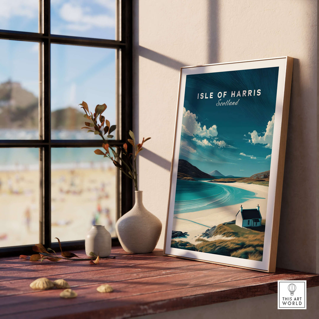 Isle of Harris Scotland beach house seascape poster displayed in a bright room with plants and a view of the coastline.