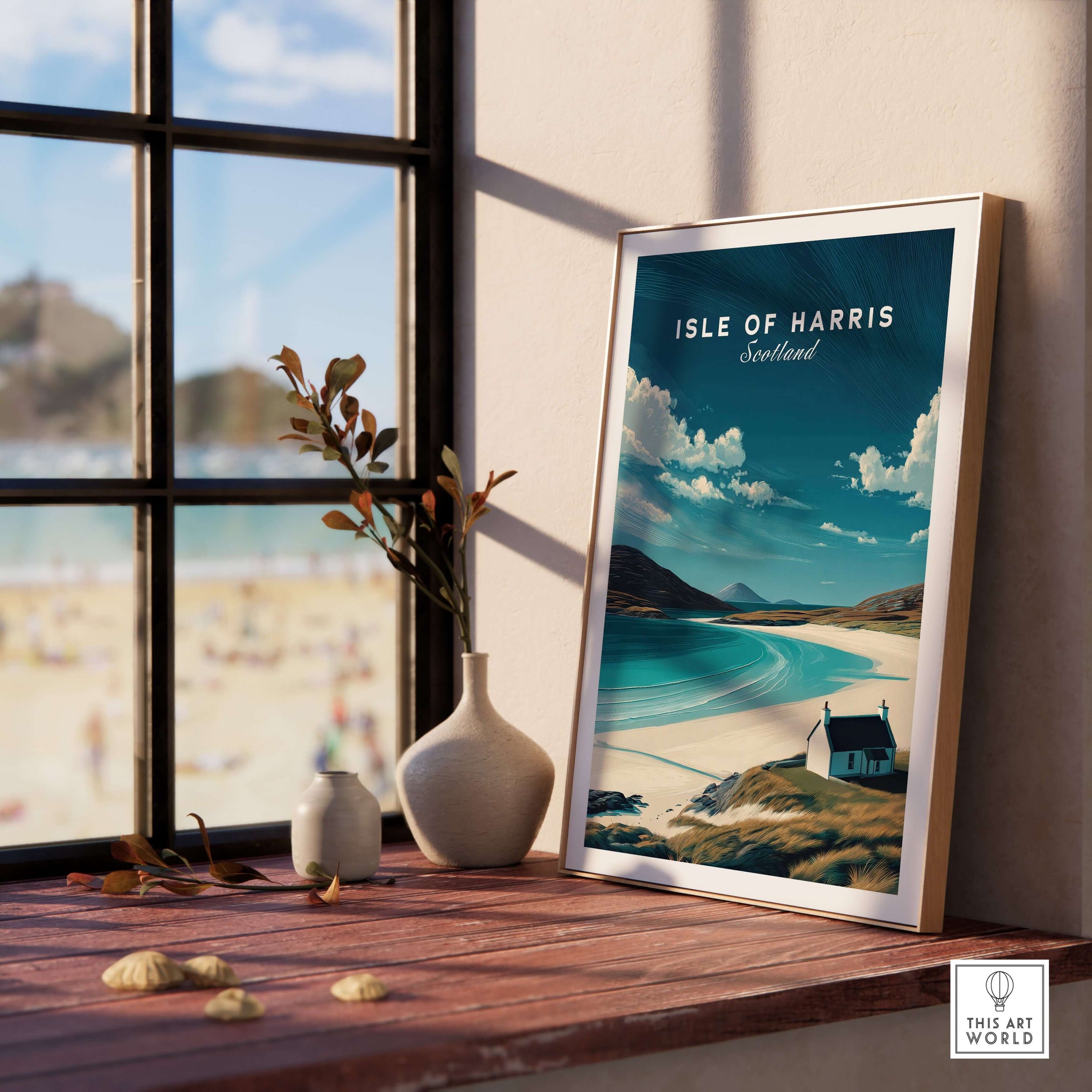 Isle of Harris Scotland Beach House Seascape Poster - Remote Scottish Isle Print displayed on a shelf by a window.