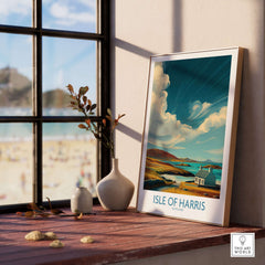 Isle of Harris Poster Scotland Dramatic Sky Seascape - Scottish Island Travel Decor displayed indoors with a vase and view of the beach.