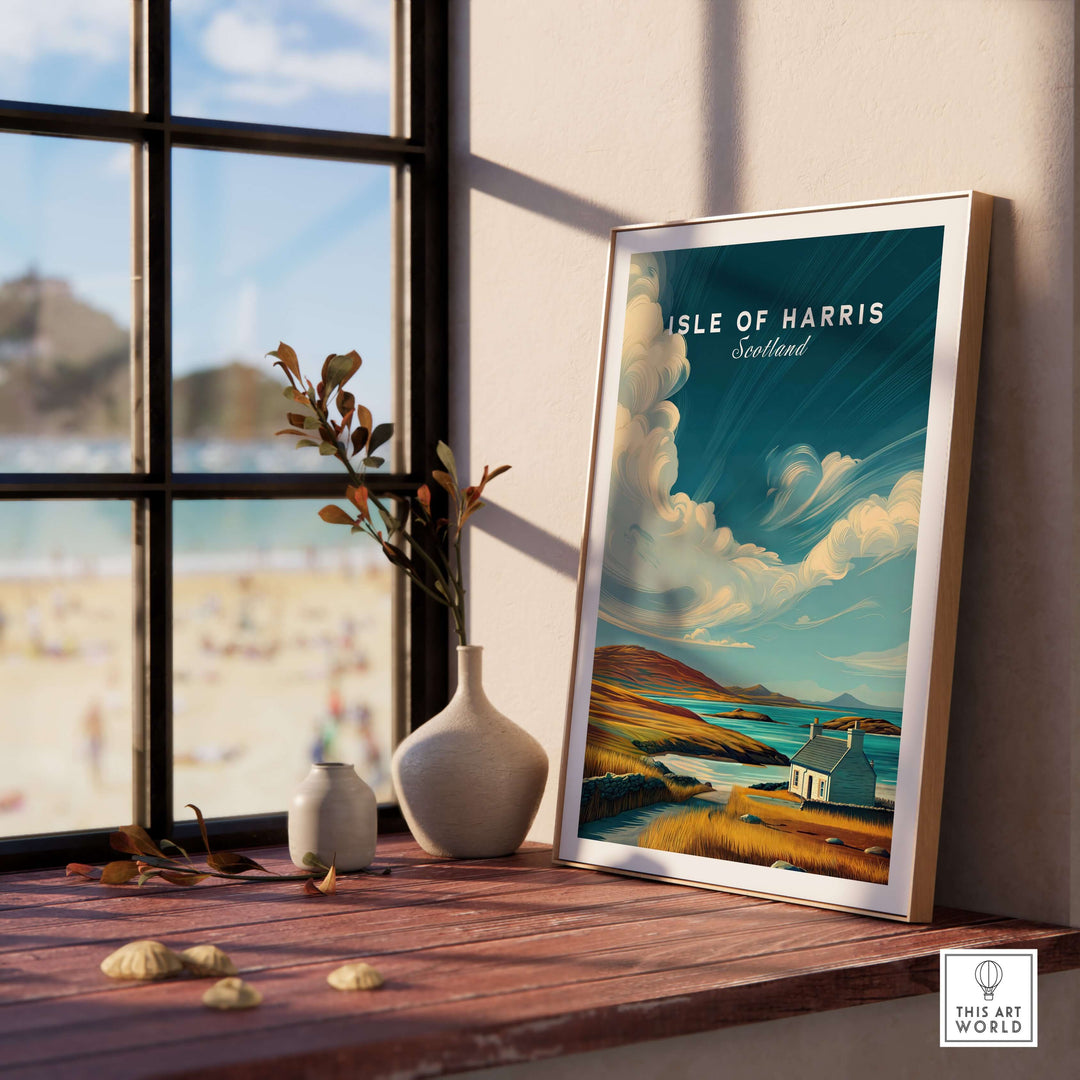 Isle of Harris print showcasing a coastal cottage and rolling hills, displayed in a sunlit room.