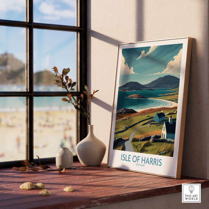Isle of Harris Scotland landscape poster featuring tranquil coastal scenery in a sunlit room setting.