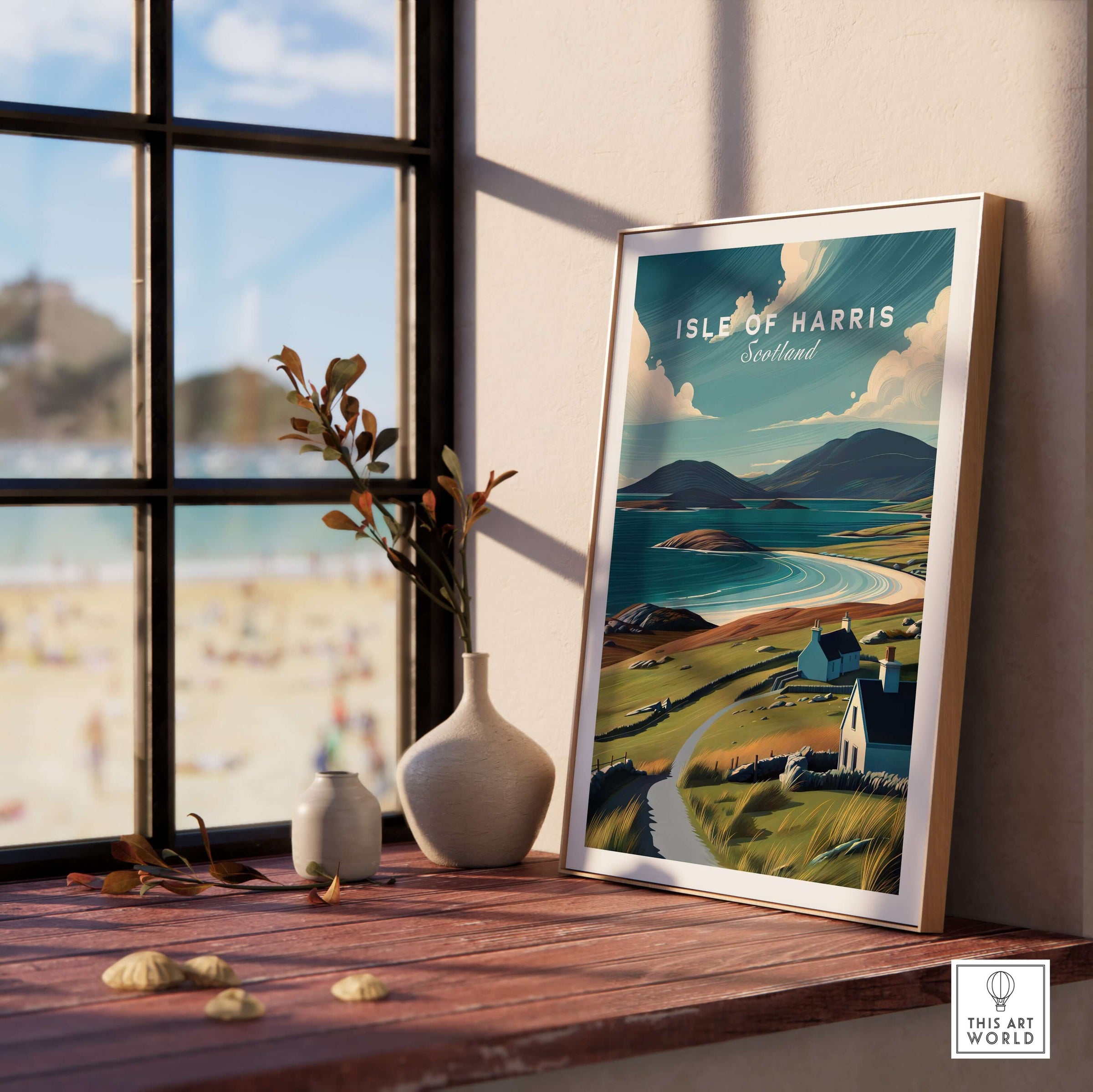 Isle of Harris Scotland Beach Print - Scenic Coastal Wall Art displayed on a table by a window with beach view.
