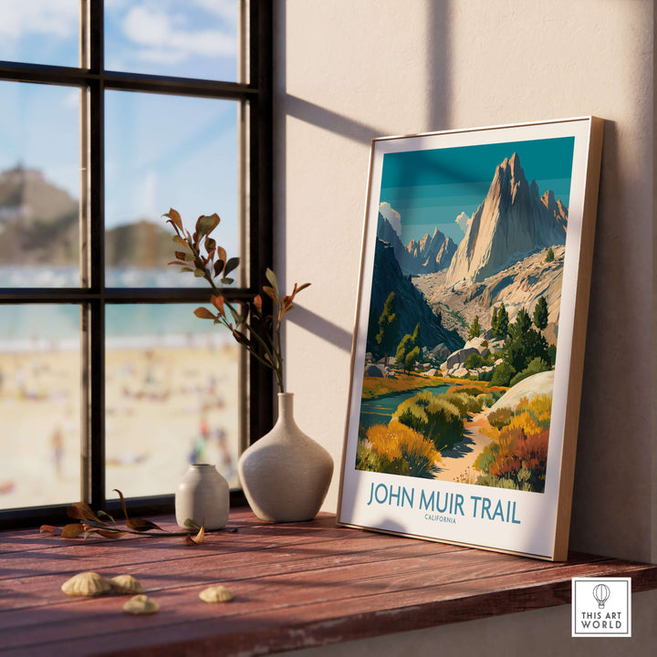 John Muir Trail Yosemite National Park poster featuring alpine landscape and serene wilderness view.