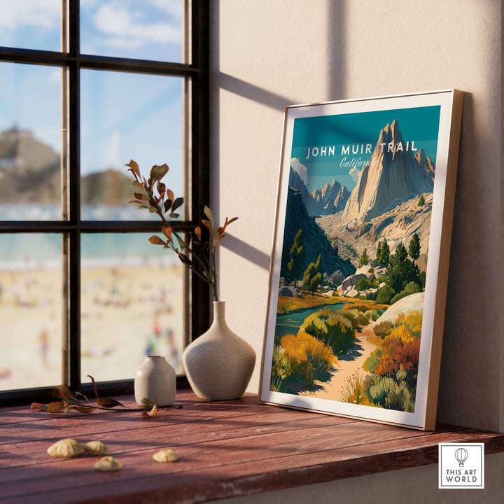 John Muir Trail mountain print displayed indoors, showcasing Sierra Nevada wilderness and vibrant nature scenery.