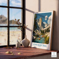 John Muir Trail California Mountain River Poster - California Hiking Trail Print displayed on a table with a scenic view.
