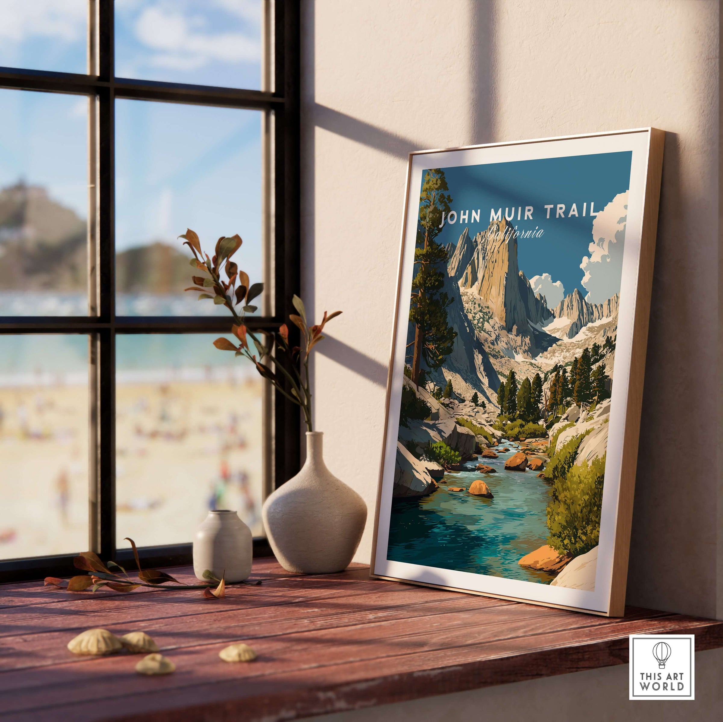 John Muir Trail California Majestic Peaks Stream Print - High Sierra Wall Art displayed on a wooden table near a window.