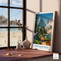 John Muir Trail California Serene Lake Wall Art - Sierra Nevada Travel Print displayed on a windowsill with natural light.