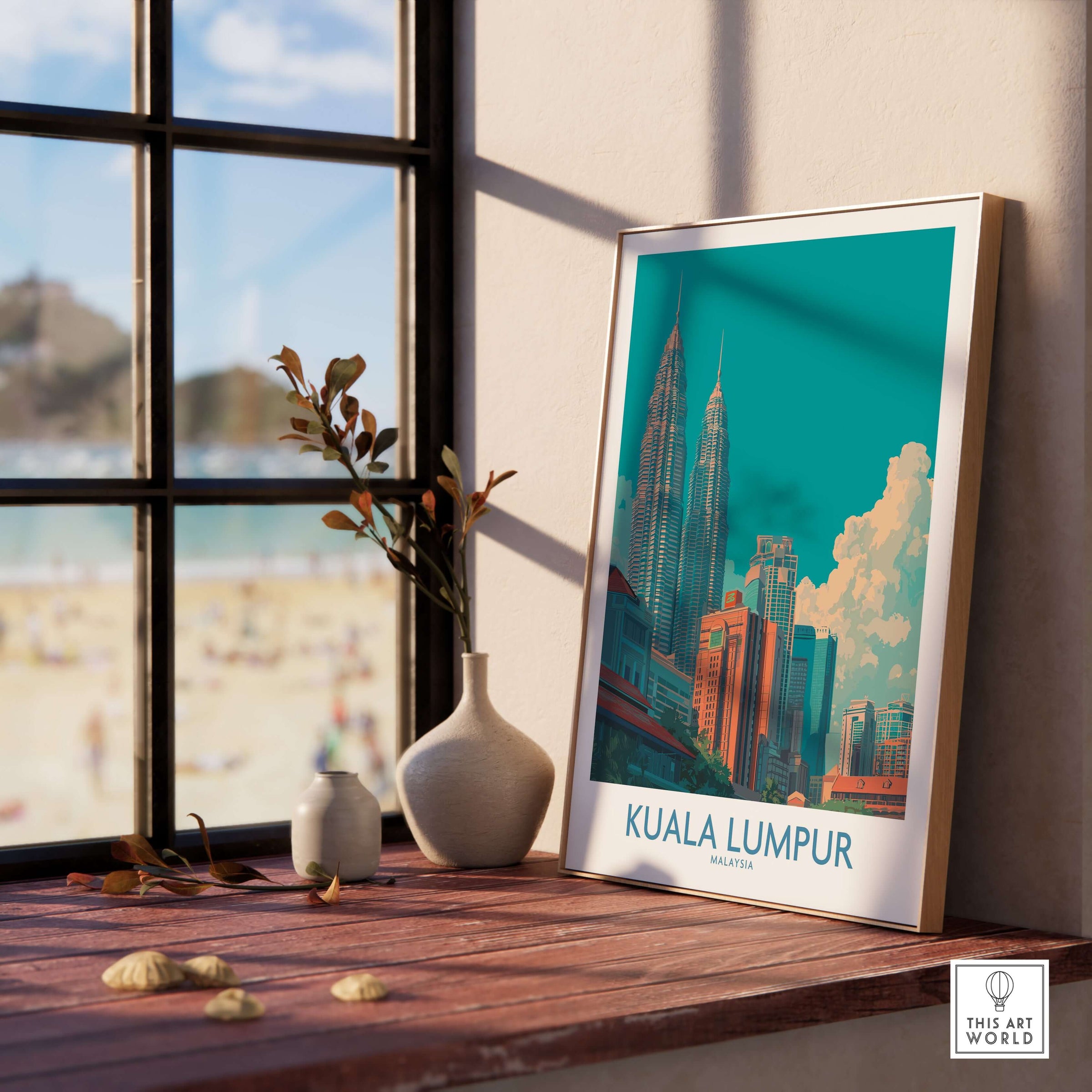 Kuala Lumpur Malaysia Urban Cityscape Poster - Malaysian Capital Art Print displayed on a stylish table with a beach view.