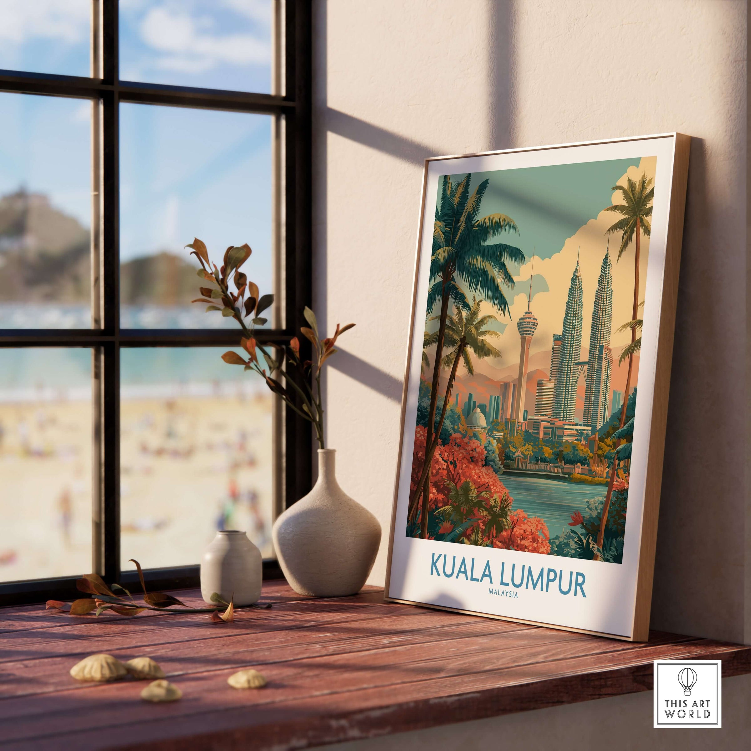 Kuala Lumpur Poster Malaysia Skyline - Malaysian Urban Travel Print displayed in a sunlit room with a beach view.