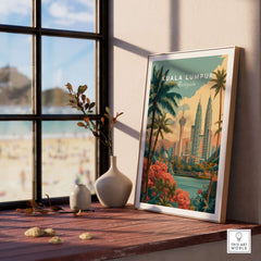 Kuala Lumpur Print Malaysia Petronas Towers & KL Tower - Cityscape Wall Art displayed in a bright room with a scenic view.