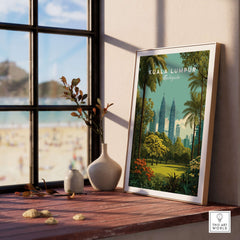 Kuala Lumpur Malaysia Twin Towers Garden Print - City Park Wall Art displayed on a table by a window.
