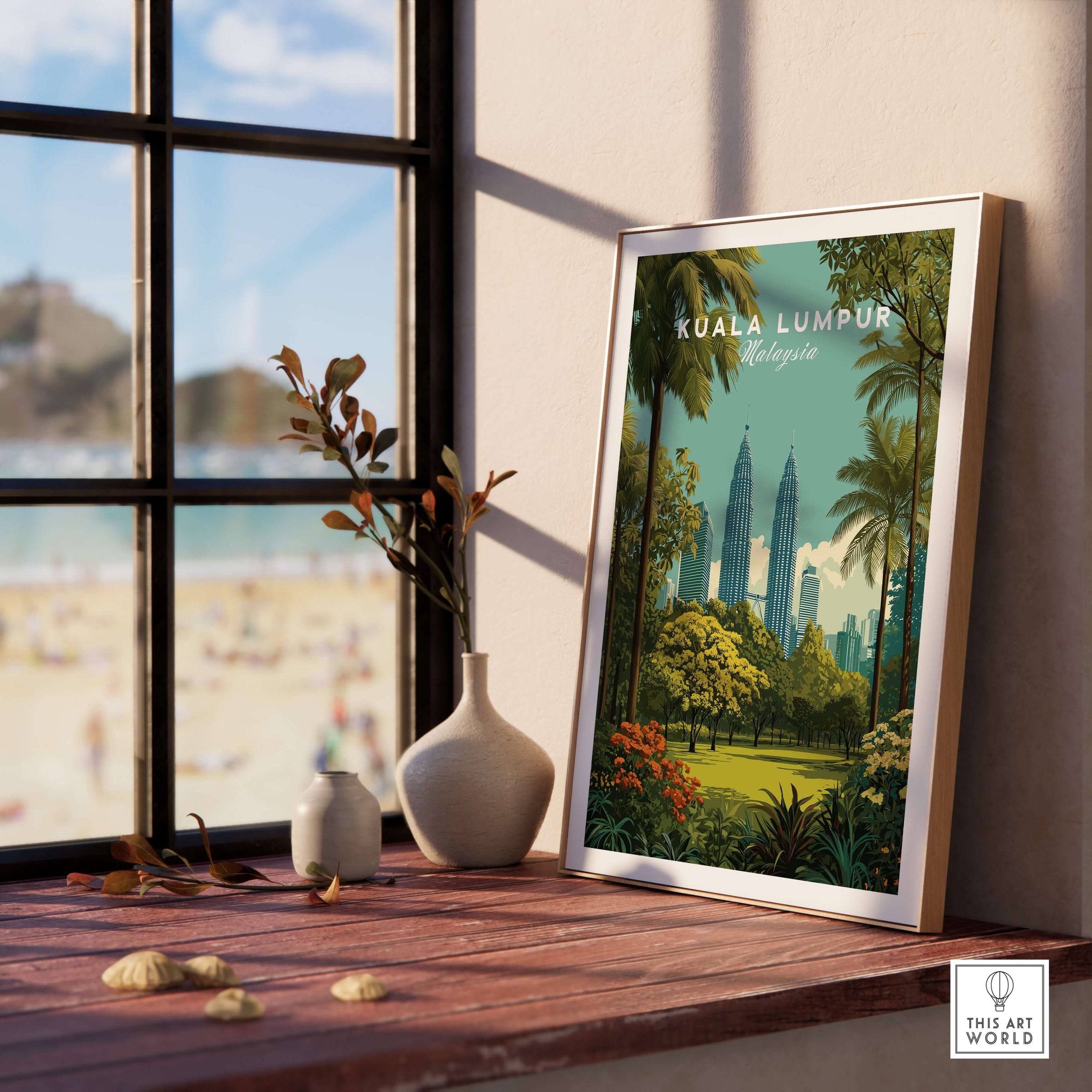 Kuala Lumpur Malaysia Twin Towers Garden Print - City Park Wall Art displayed on a table by a window.
