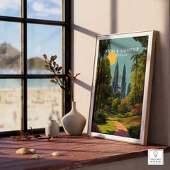 Kuala Lumpur Malaysia Poster Petronas Towers Park Path - Modern City Wall Art framed by a sunlit window.