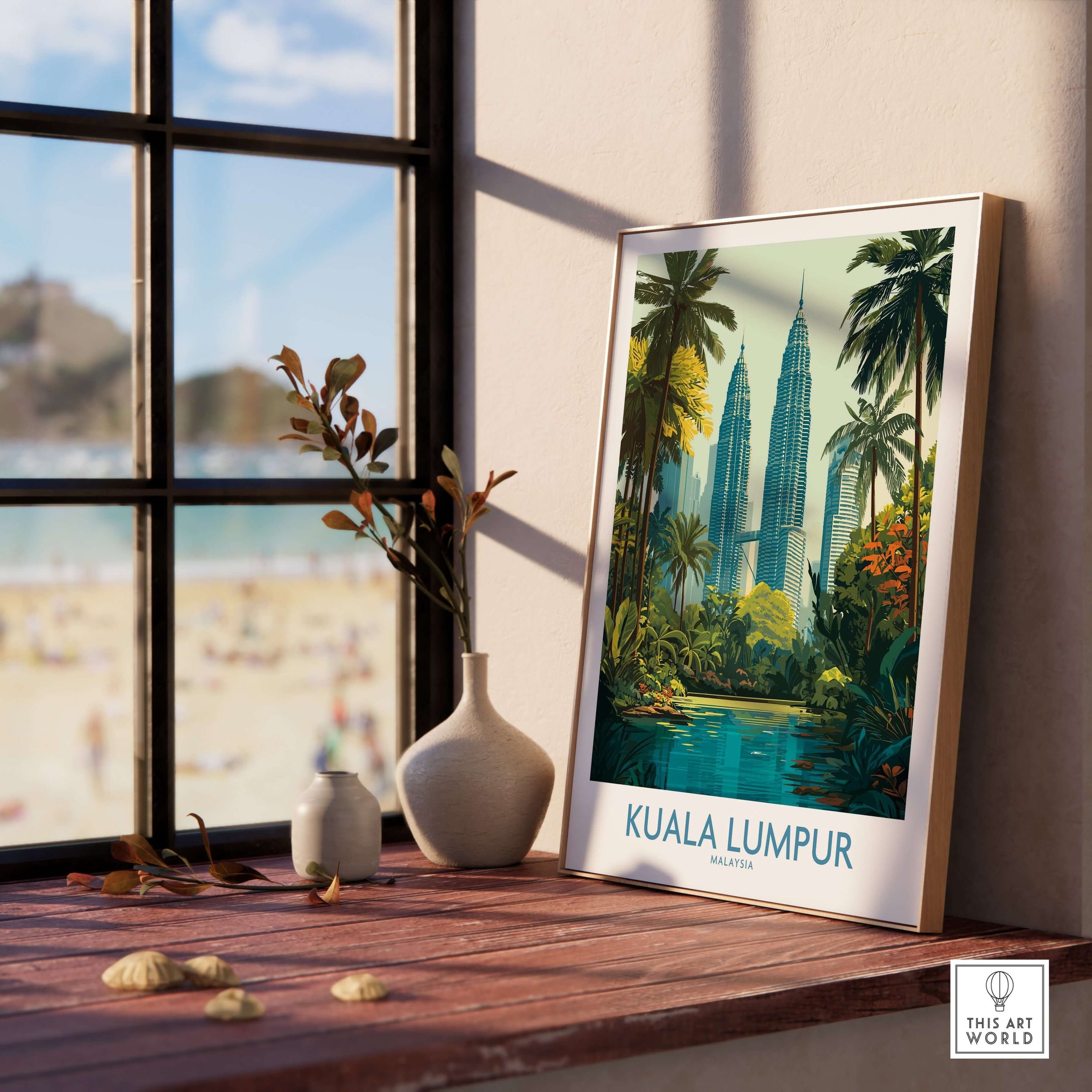 Kuala Lumpur Malaysia KLCC Park Wall Art - Malaysian Skyline Art Print displayed in a cozy room with natural decor.