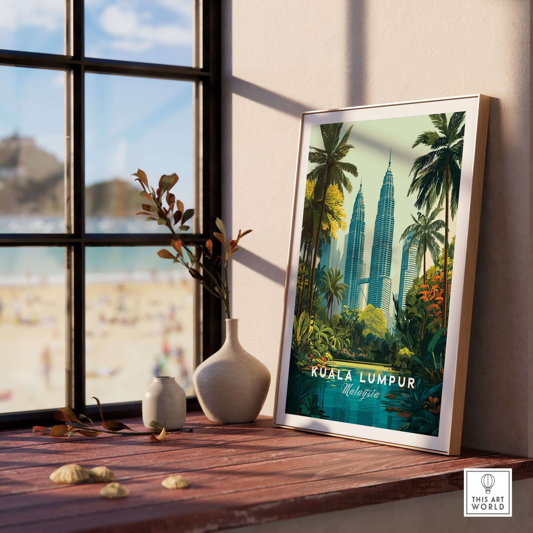 Kuala Lumpur Twin Towers print framed by a window, showcasing a tropical cityscape and lush greenery in a stylish setting.