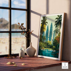 Kuala Lumpur Malaysia Twin Towers Print - Tropical Cityscape Poster displayed in a modern setting near a beach.