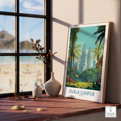 Kuala Lumpur Malaysia Green City Skyline Poster - Malaysian Urban Landscape on a wooden table near a window.