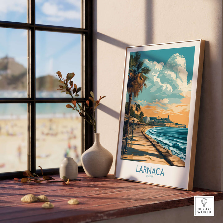 Larnaca Cyprus travel poster featuring palm trees and coastal scenery, with a beach view and bright blue sky.