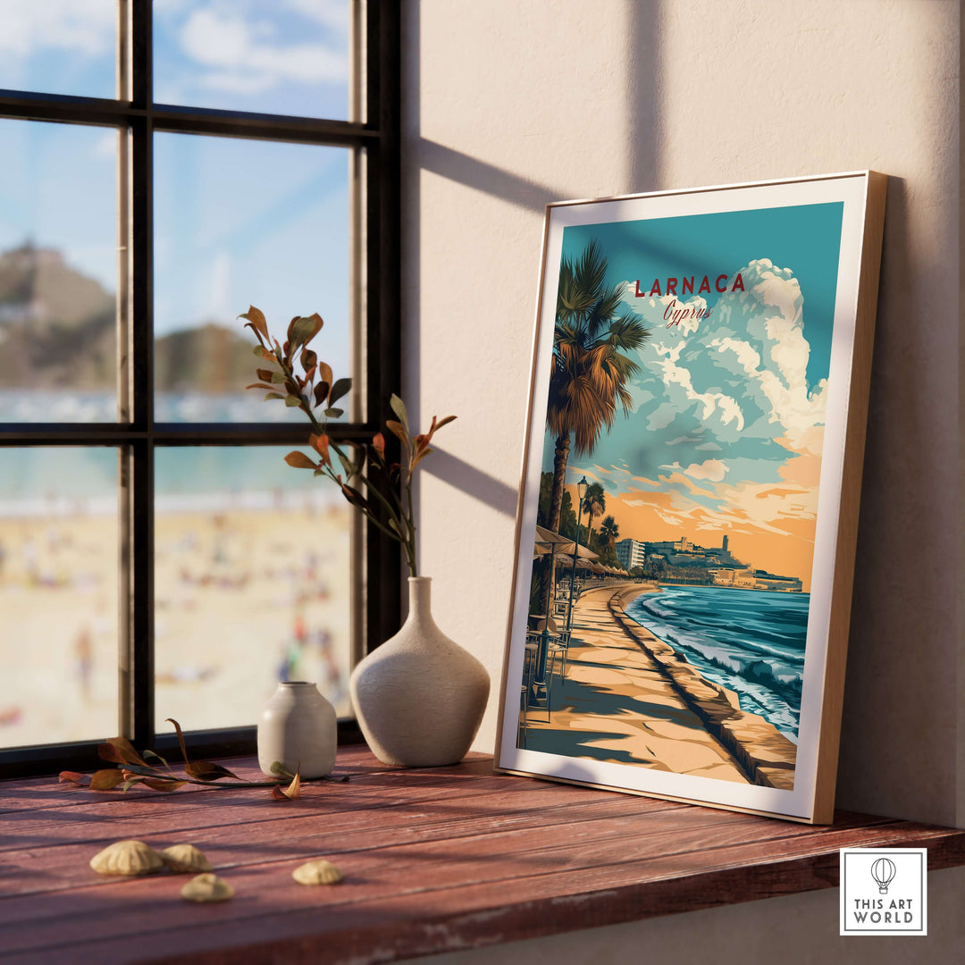 Larnaca Print Cyprus beachfront promenade wall art with coastal views and vibrant Mediterranean colors.