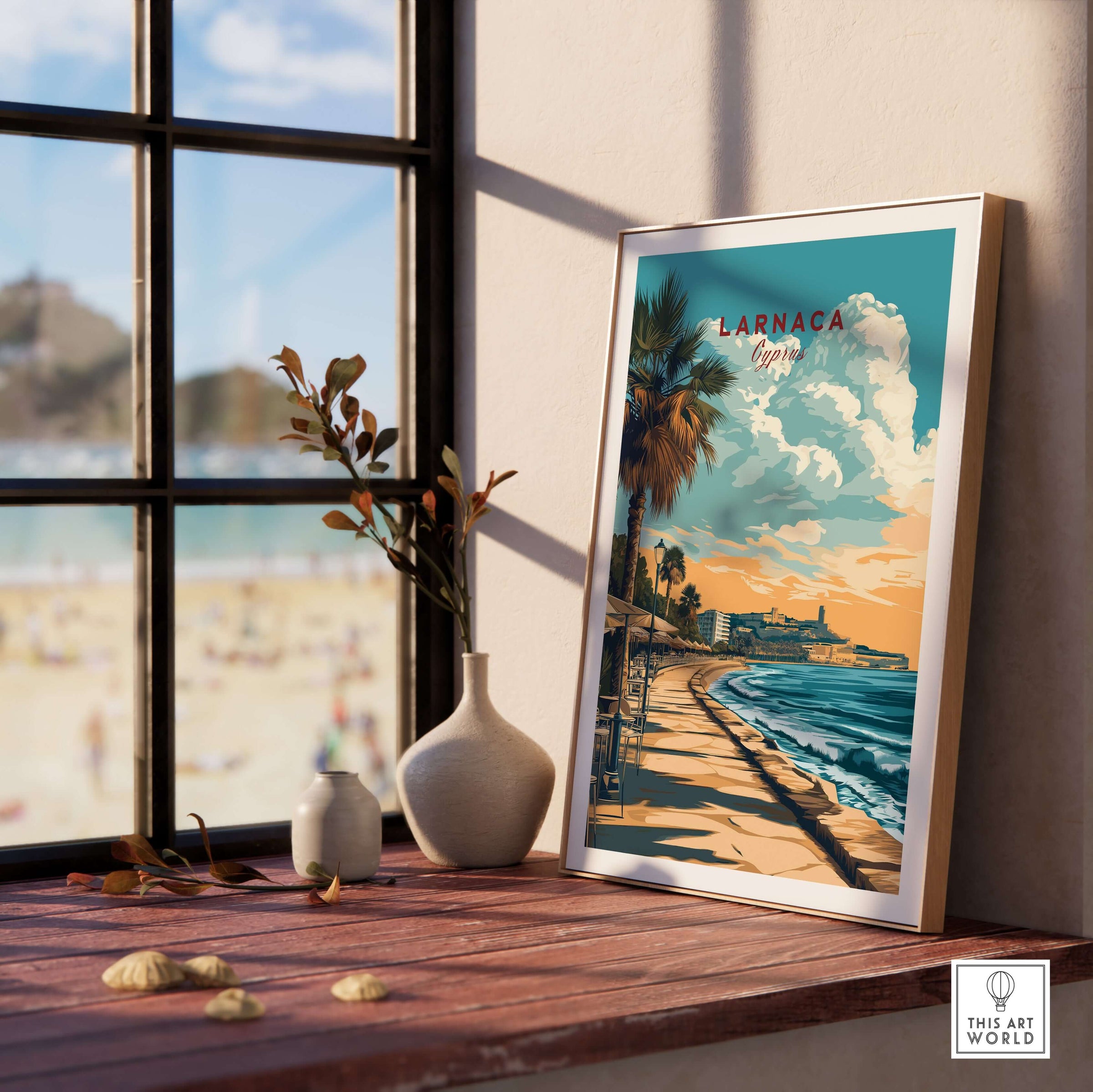 Larnaca Print Cyprus Beachfront Promenade - Mediterranean Coastal Wall Art displayed in a sunny room with a view.