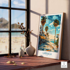 Larnaca Cyprus Finikoudes Beach Wall Art - Cyprus Seaside Town Print displayed in a bright room with a view of the beach.