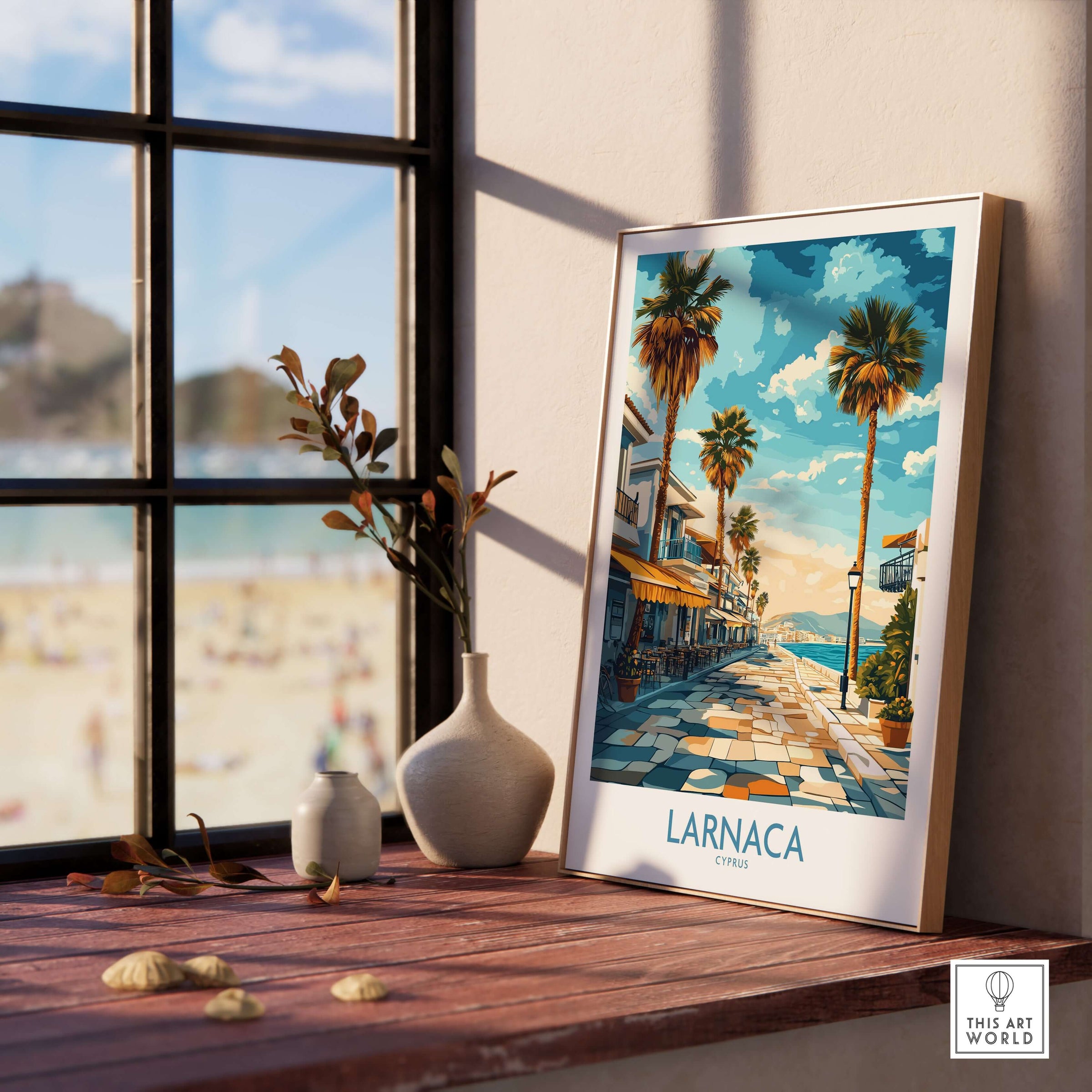 Larnaca Cyprus Finikoudes Beach Wall Art - Cyprus Seaside Town Print displayed in a bright room with a view of the beach.