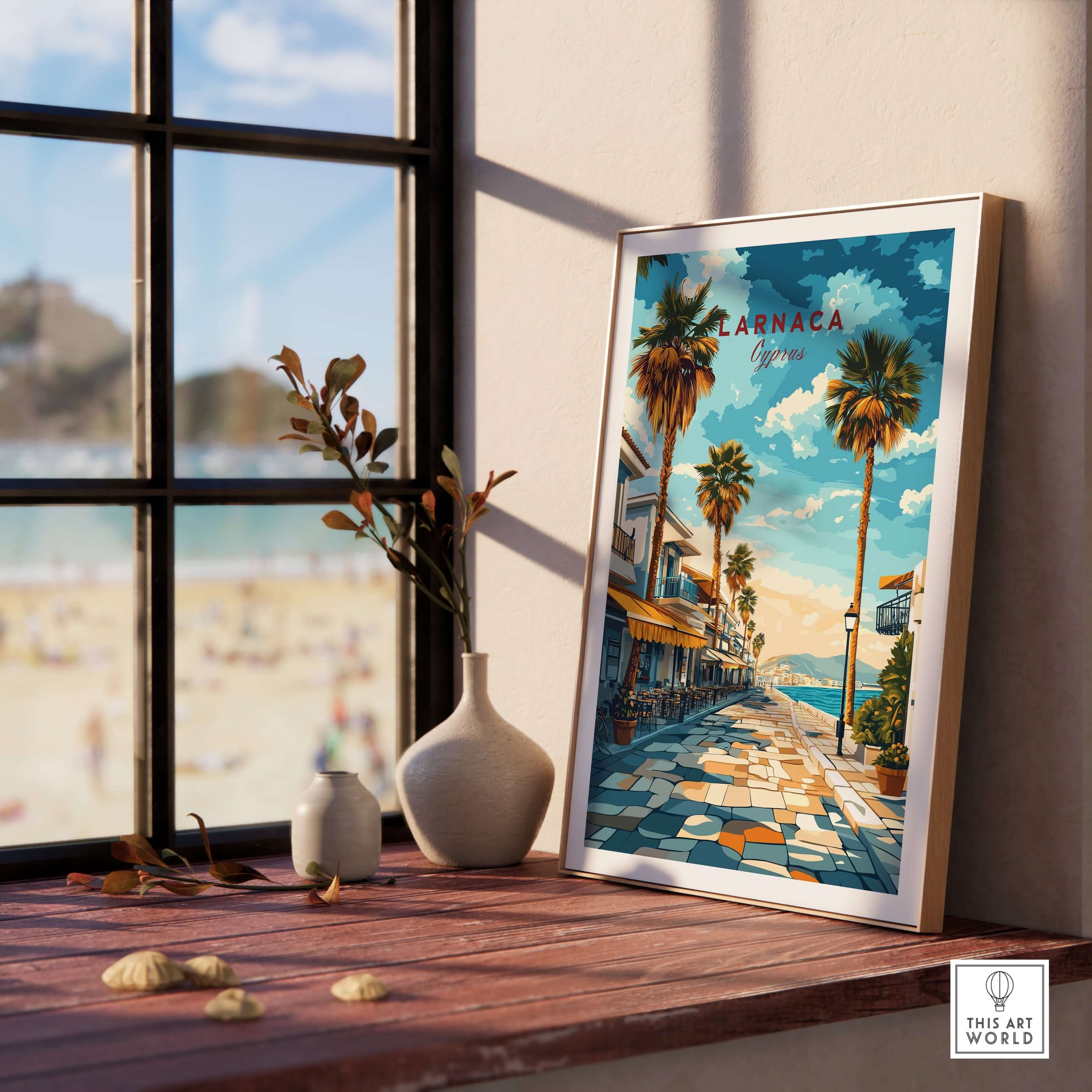 Larnaca Cyprus Poster - Travel Print displayed in a cozy room with a view of the beach and palm trees.
