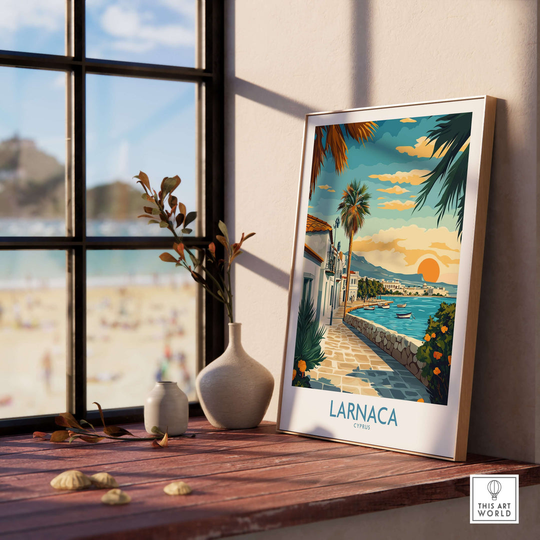 Larnaca Cyprus travel poster highlighting coastal views and sunset, perfect for wall art decor.