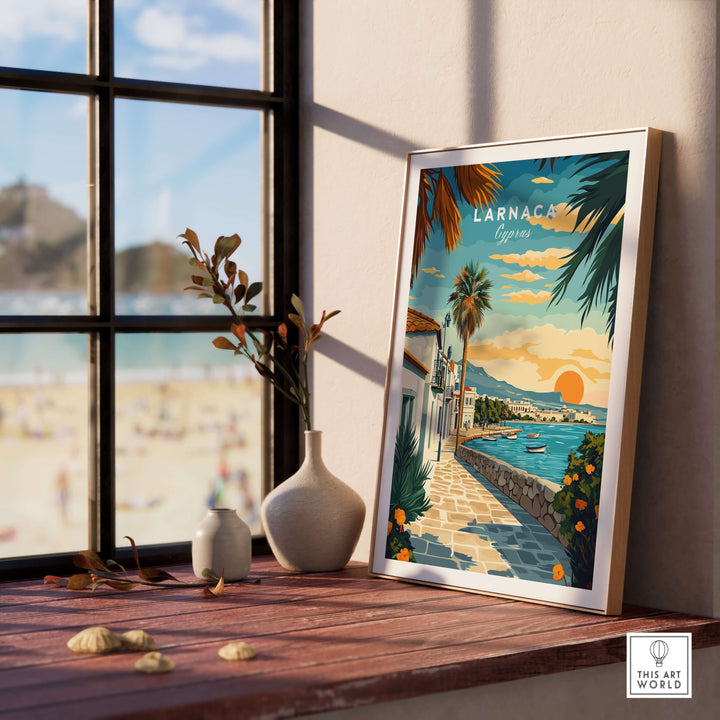 Larnaca Cyprus sunset print in a framed poster on a windowsill, showcasing vibrant Mediterranean coastal scenery.