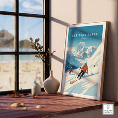 Colorful Les Deux Alpes poster featuring skiers, enhancing home decor with a touch of adventure and travel inspiration.