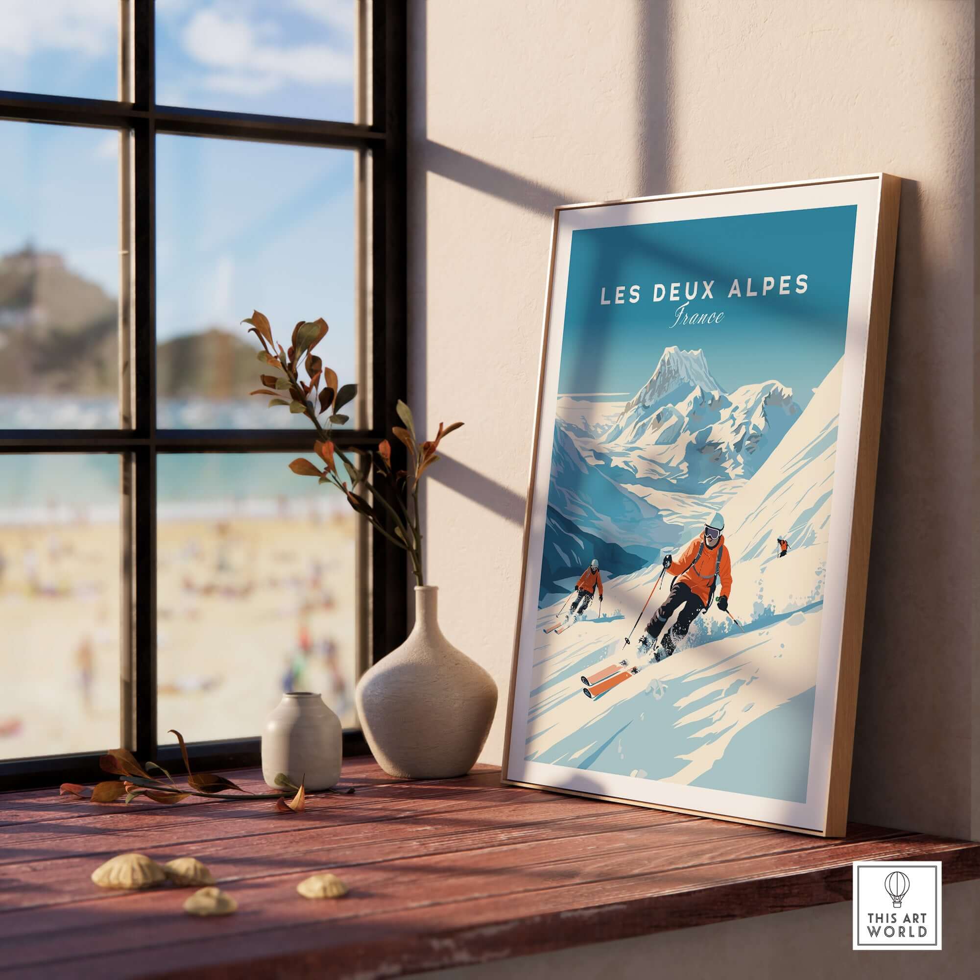 Colorful Les Deux Alpes poster featuring skiers, enhancing home decor with a touch of adventure and travel inspiration.