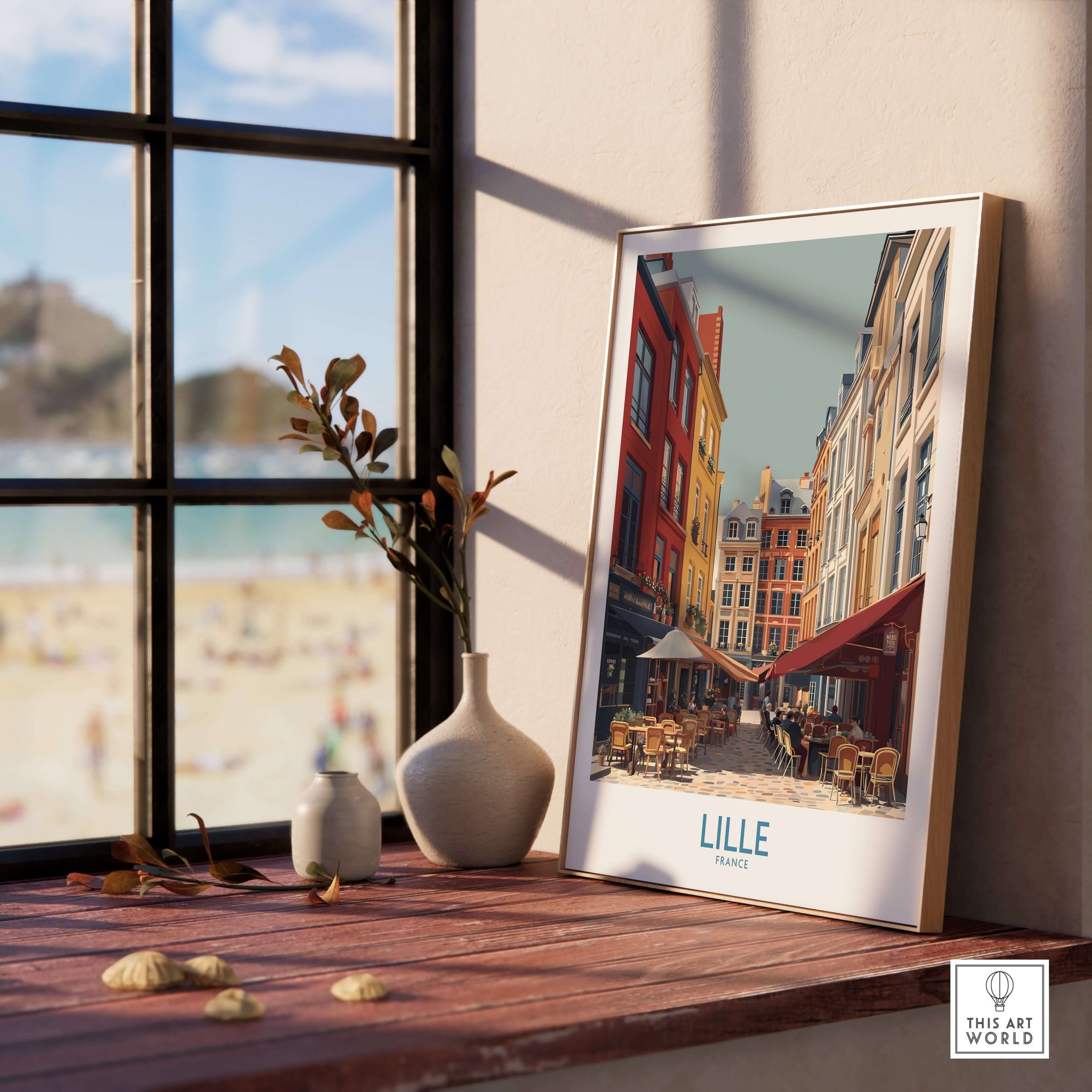 Lille France French Cafe Culture Poster - Northern France Travel Decor displayed in a bright, sunny room with a window.