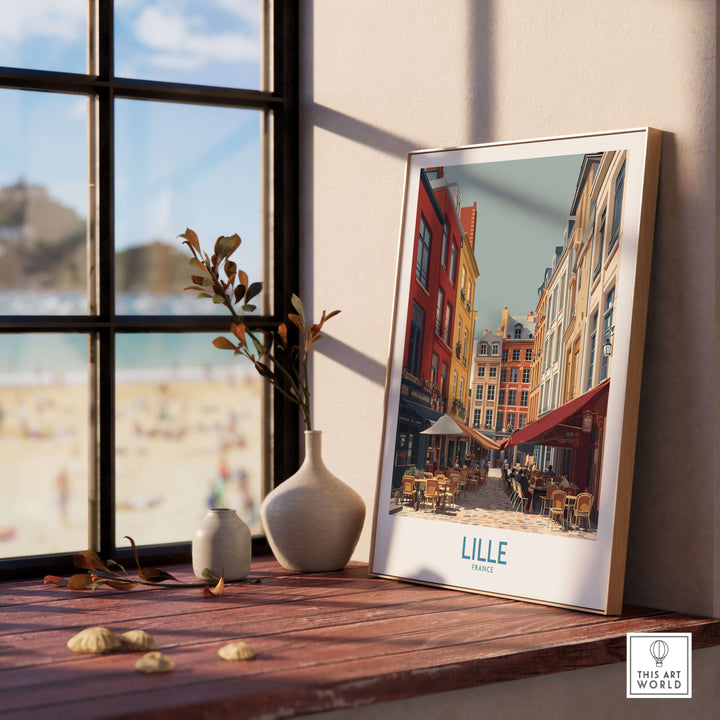 Lille France café culture poster framed, showcasing vibrant colors and cozy atmosphere, perfect for travel décor.