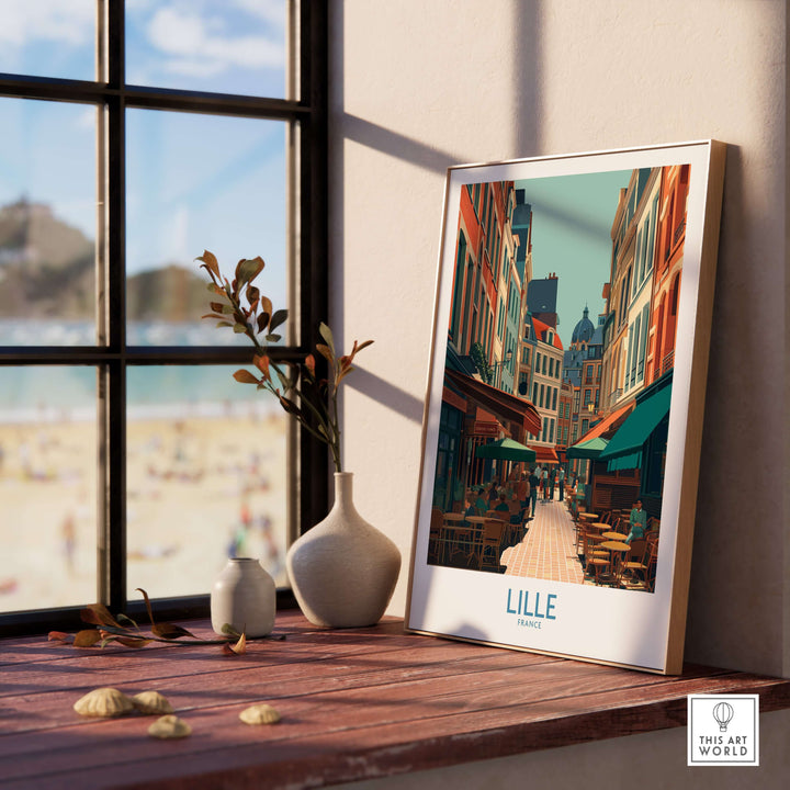Lille France wall art featuring a charming cityscape decor on a wooden table near a sunny window.