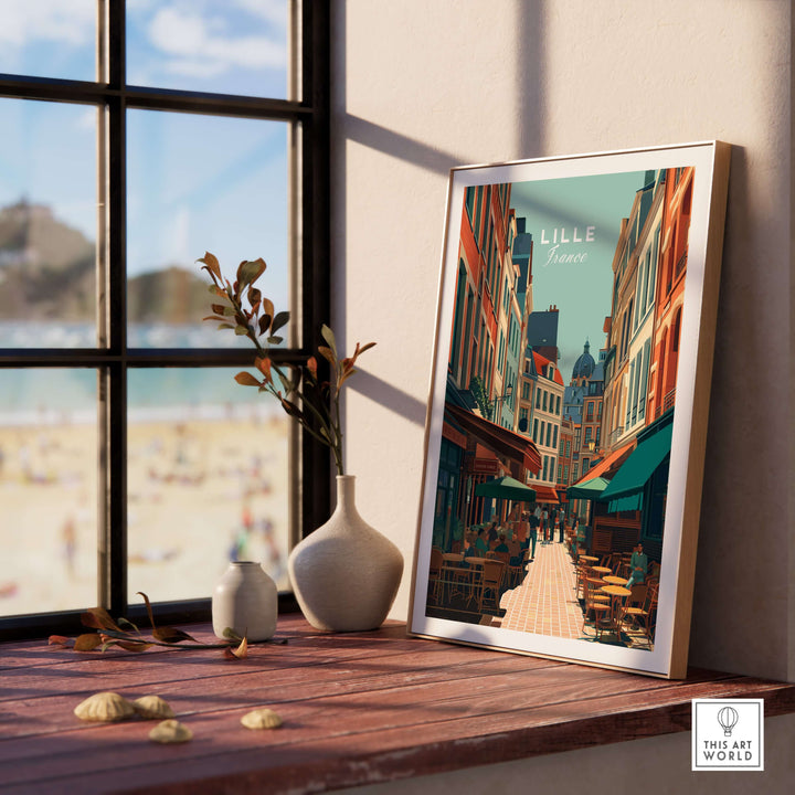 Lille France Old Town Square poster showcasing charming architecture in a cozy interior setting.