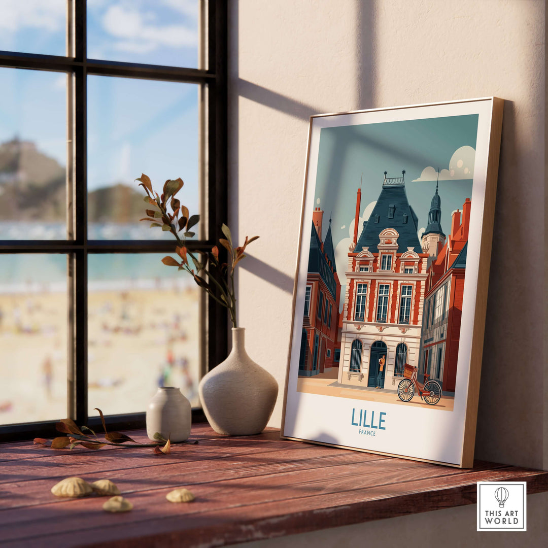 Charming Lille France poster showcasing vibrant European city scene on a windowsill, perfect for travel lovers.