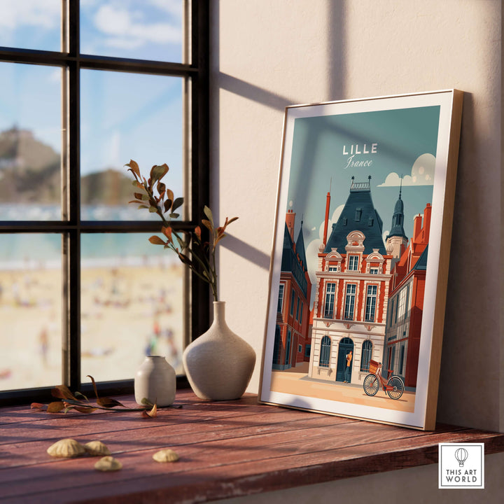 Lille France historic architecture print displayed on a wooden shelf with decorative vase, showcasing European city charm.