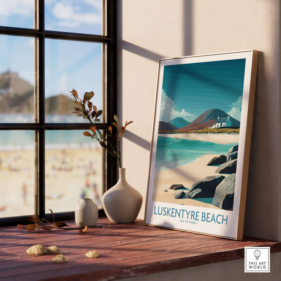 Luskentyre Beach Isle of Harris wall art poster featuring turquoise waters and serene seascape in a cozy interior setting