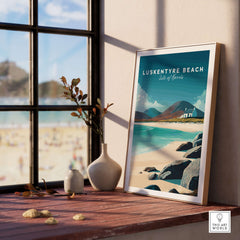 Luskentyre Beach Print Isle of Harris White Sand Coastal Poster - Scottish Island Wall Art displayed on a shelf.