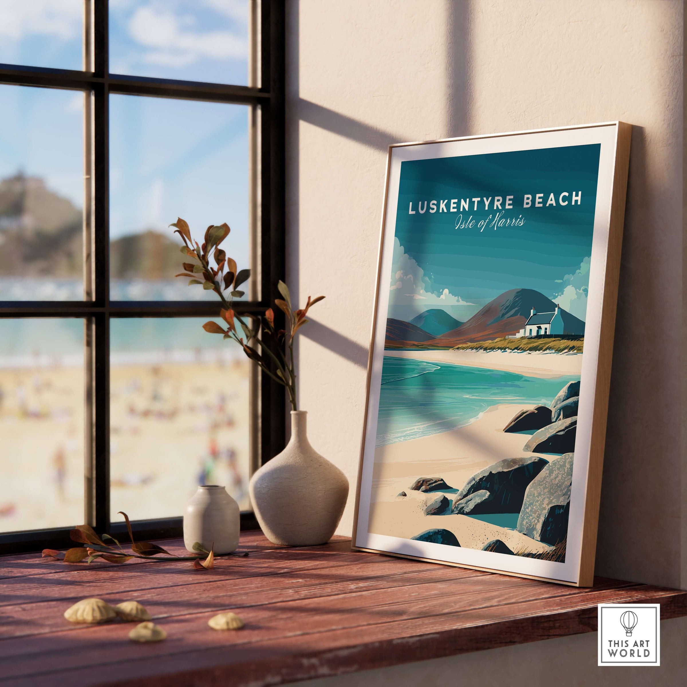 Luskentyre Beach Print Isle of Harris White Sand Coastal Poster - Scottish Island Wall Art displayed on a shelf.