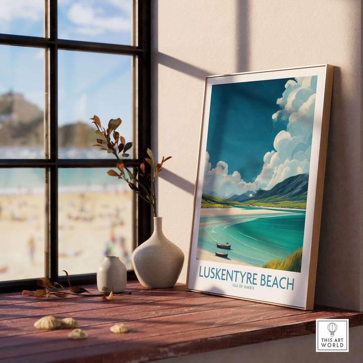 Luskentyre Beach Isle of Harris wall art print displayed by a window, showcasing serene coastal views and vibrant colors.