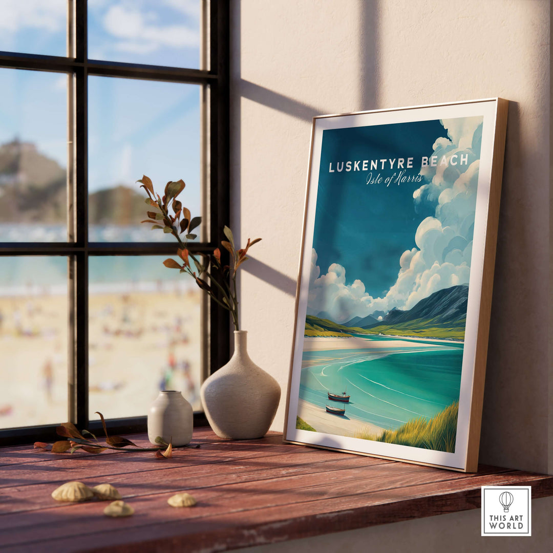 Luskentyre Beach poster in a frame by the window with a view of the beach, Isle of Harris coastal landscape art.