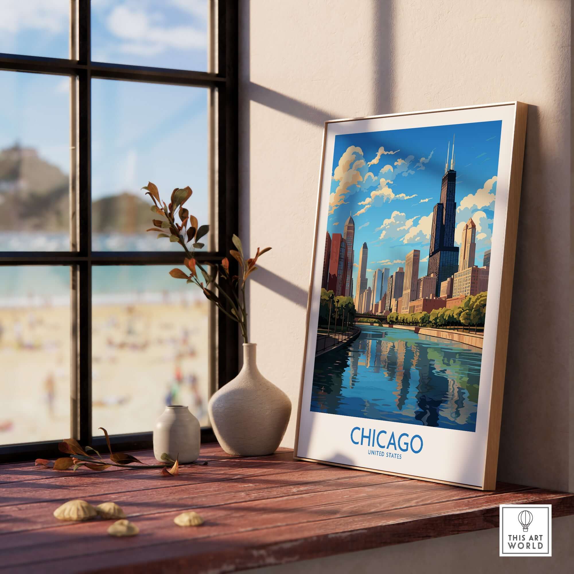Chicago wall art print showcasing a vibrant city skyline reflecting on the water with a modern design.
