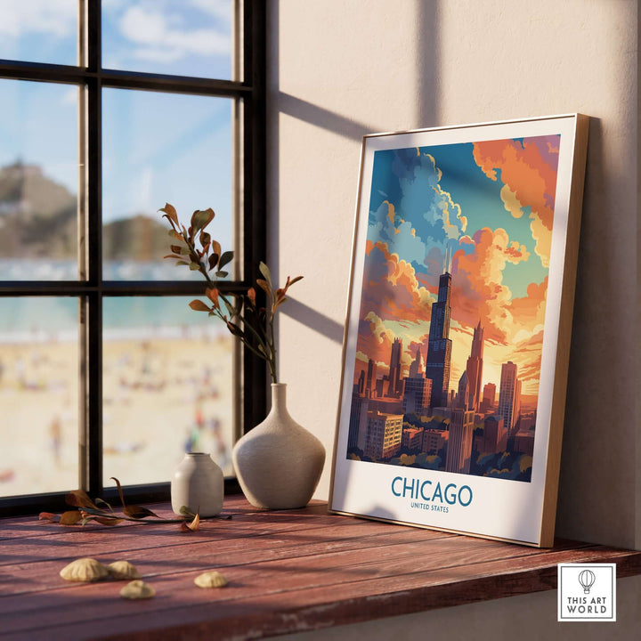 Chicago travel poster featuring a vibrant sunset and city skyline, displayed on a windowsill with beach view.