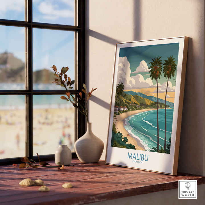 Framed Malibu California beach poster on a wooden table by a window, showcasing coastal views and palm trees.