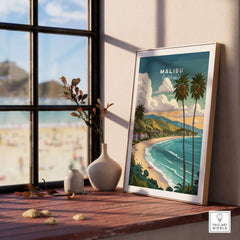 Malibu California Print - Beach Wall Art displayed in a sunny coastal setting, showcasing palm trees and waves.