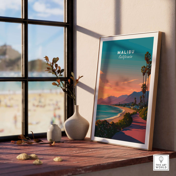Malibu beach sunset print framed on a table with a coastal view, showcasing vibrant colors and serene atmosphere.