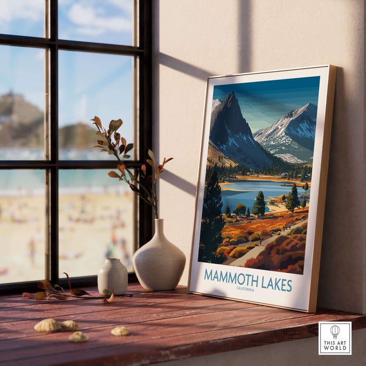 Mammoth Lakes California wall art print showcasing stunning mountains and serene lakes in a cozy indoor setting.