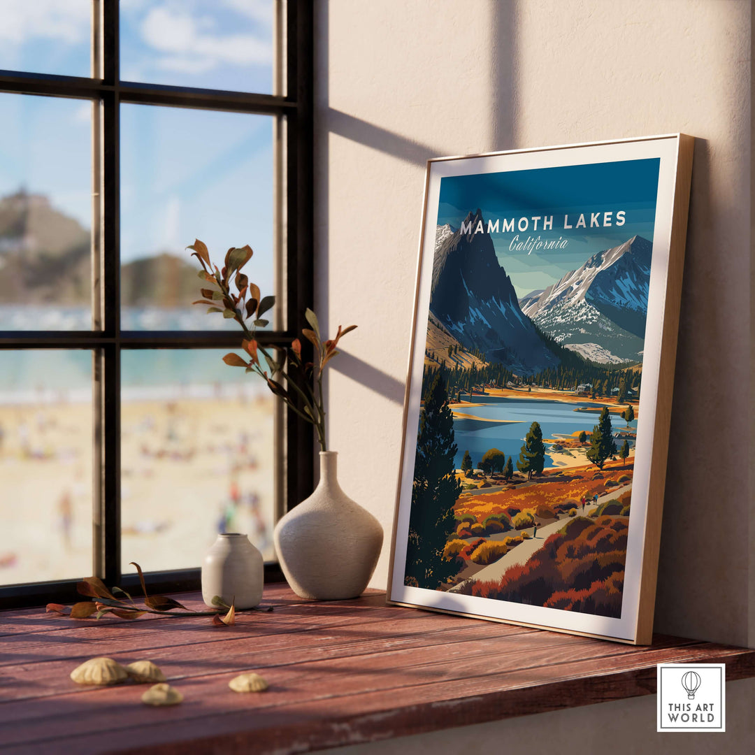 Mammoth Lakes California mountain trail print displayed by a window with scenic view, capturing Sierra Nevada beauty.