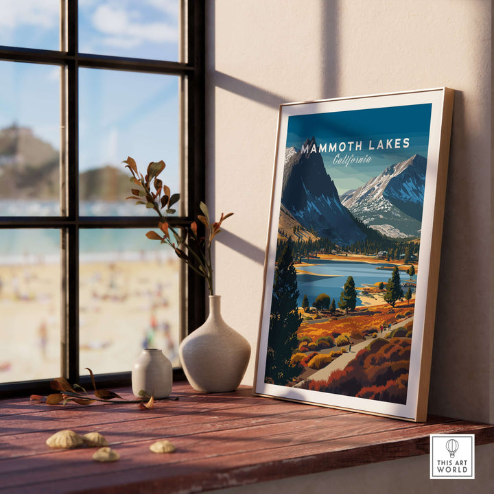 Mammoth Lakes California mountain trail print displayed by a window with scenic view, capturing Sierra Nevada beauty.